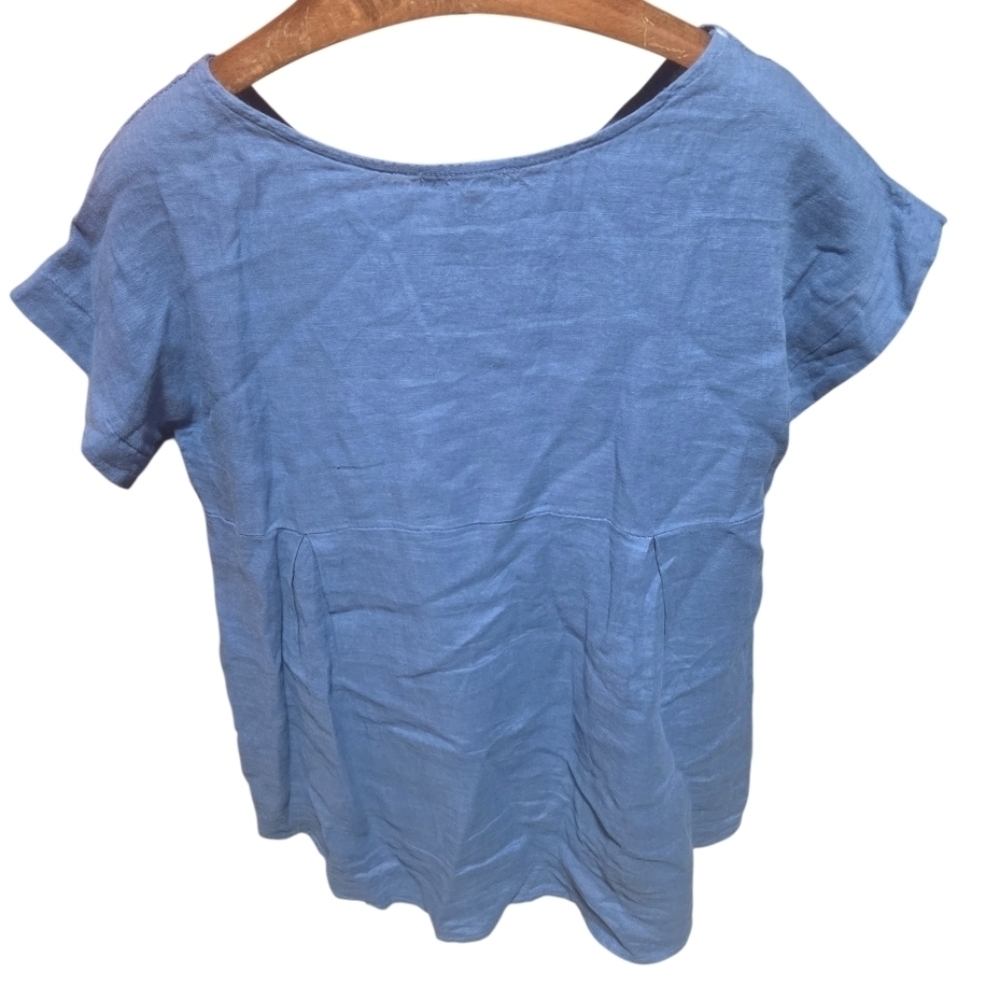 Terzo Millennio Italy Blue Linen Ruffle Hem Short Sleeve Shirt Size Medium - Picture 2 of 7